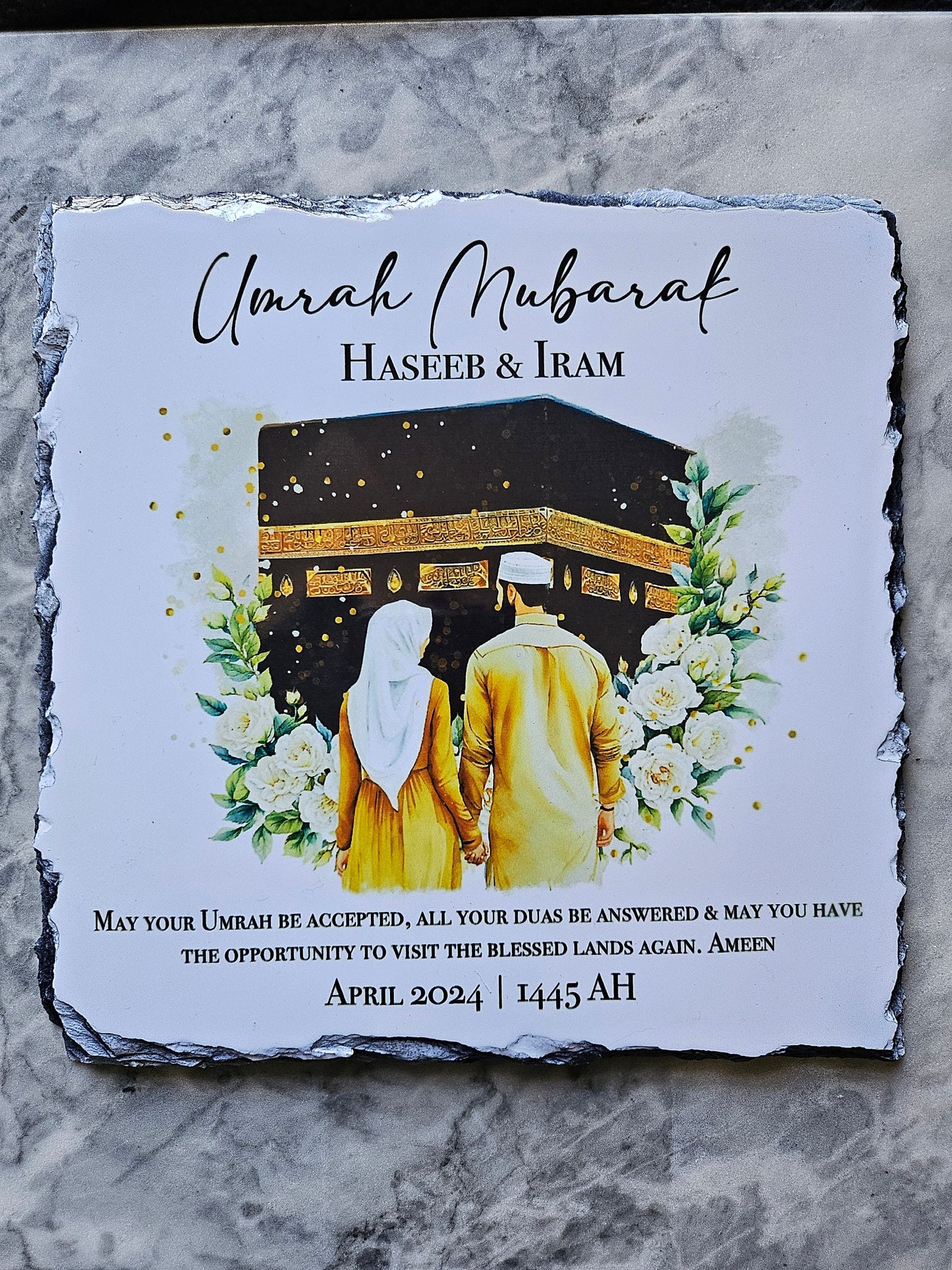 Personalised Umrah Mubarak Slate Plaque: Islamic Hajj Gift (20x20cm)