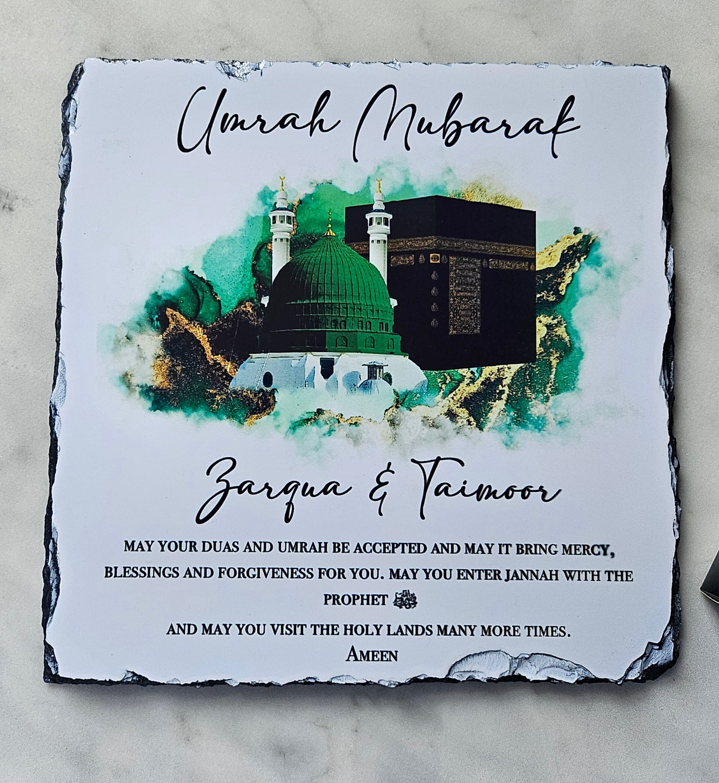 Personalised Umrah Mubarak Slate Plaque: Islamic Hajj Gift (20x20cm)